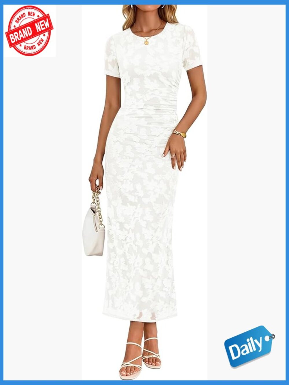 Summer Floral Bodycon Midi Dress Short Sleeve Ruched Mesh